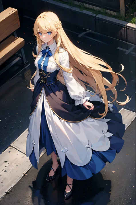 1woman, long hair, blonde hair, blue eyes, formal dress, standing on ground, high res, ultra sharp, 8K, masterpiece