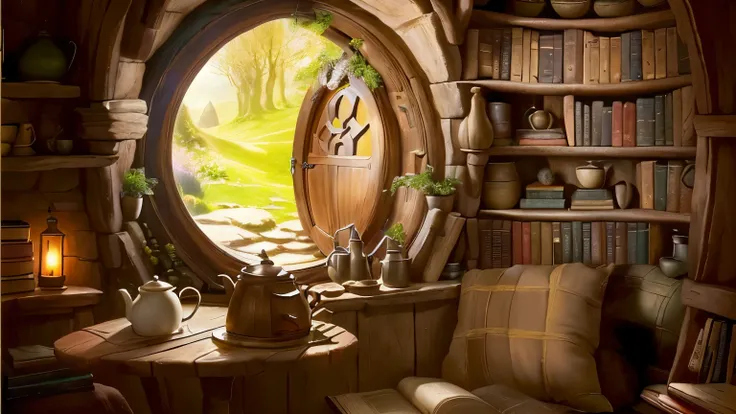 there is a table with a cup of coffee and a bookshelf, interior of a hobbit hole, in your hobbit house, hobbit hole, round doors, magic door, cave of books, inside a medieval hobbit house, storybook style, Round window, large Round window, open window ib b...