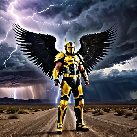 A fierce angel with rugged wings and battle-worn armor, standing in a desolate desert with apocalyptic storm clouds and radioactive lightning.