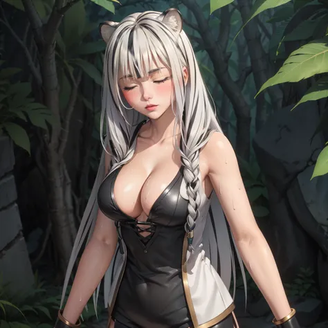 Atlas Fayon woman 40 years, white hair with black stripes ,white tiger ears, closed eyes, mujer ciega con closed eyes, spore costume, low cut black leather tops, leather shorts,  explorer, big breasts,, background some mayan ruins in the middle of the jung...