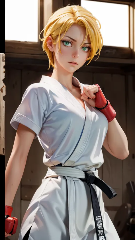 ((((masterpiece, best quality, high resolution)))), Extremely detailed 8K, 1 female, wearing a white Karate gi, (Ultra HD, Ultra-detailed, Highly detailed, Highly realistic, Ultra-realistic, photograph realistic), (1girl:1.5), (Realistic yellow hair), (dyn...