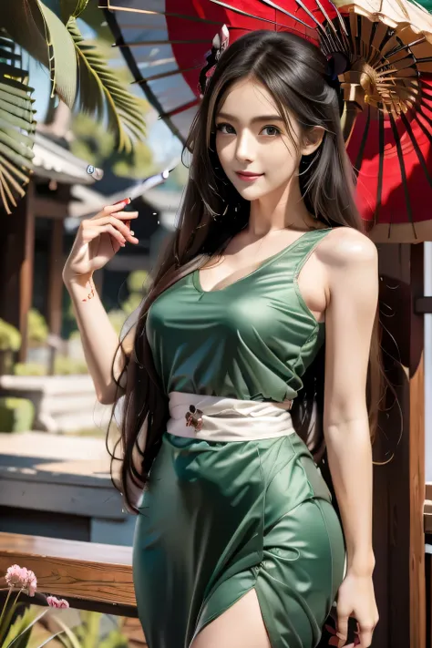 Anime dark skin geisha green eyes holding umbrella, fan