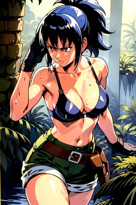 masterpiece, best quality, anime 1990s (style, leona heidern,  naked, black bra,green  short ,jungle, pony tail, wet, serious, gloves, , sleeveless, metal slug, belt 