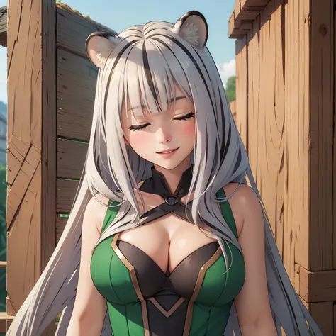 Atlas Fayon woman 40 years, white hair with black stripes ,white tiger ears, closed eyes, mujer ciega con closed eyes,low-cut green dress, flirtatious smile, big breasts, background a ninja village.  white tiger hair.