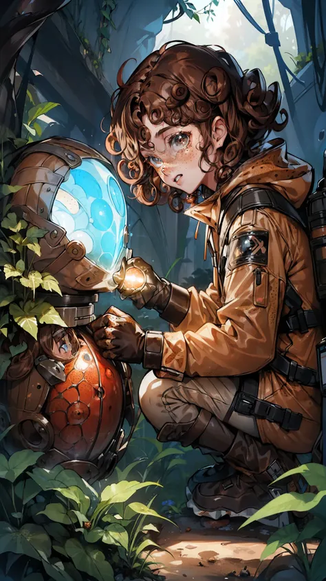 ((A teenager girl with curly brown hair and freckles):1.5), dressed in a brown and black spacesuit with a worn leather utility belt, ((examines a glowing alien plant growing inside a vast)), cracked, egg-shaped structure. The plant pulses with an ethereal ...