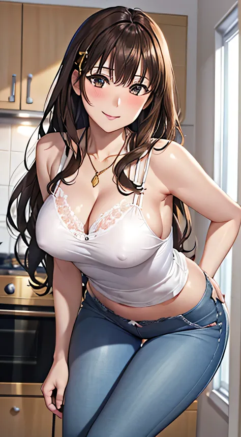 ((Tabletop, Highest quality, High resolution, , Pixel Perfect, 4K,))), 1 female, 、The whole body is visible、 ((Long Wavy Hair, bangs, Brown Hair)), ((Brown eyes, Beautiful eyelashes, Realistic eyes)), ((Detailed face, Blushing:1.2)), ((Smooth texture:0.75,...