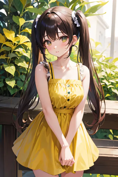 Anime girl with yellow dress and brown twin tails 