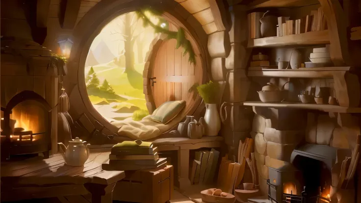 a cozy side fireplace in ahobbit house, middle-earth, the shire, house full of objects