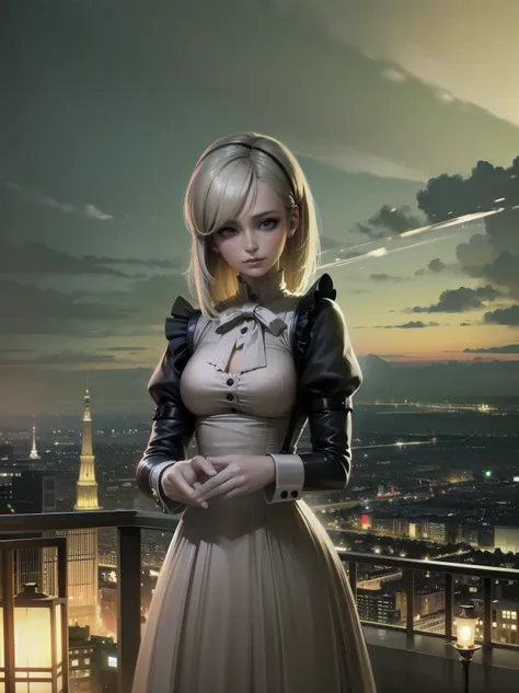 (Highest quality、16K、masterpiece、Ultra-high resolution、Victorian era、Photorealistic:1.2)、A delicate Lolita girl, aged 13, stands on a castle balcony at dusk, surrounded by the citys skyline and steampunk contraptions. Her platinum hair is messy, framing he...