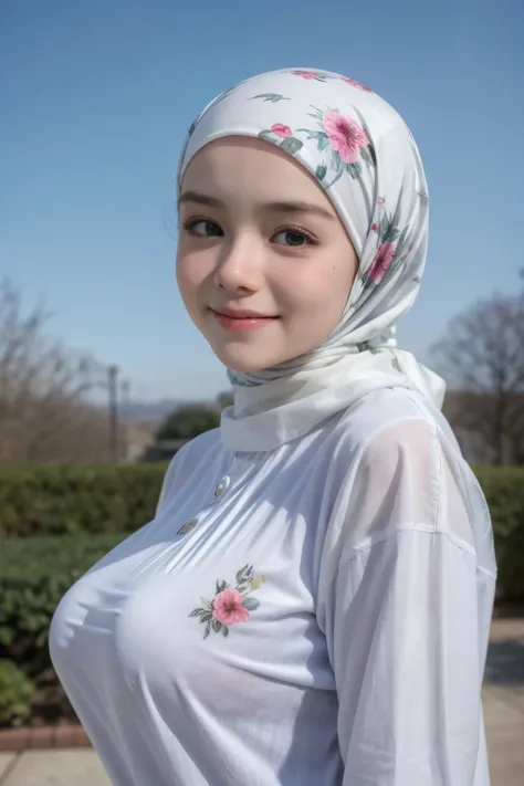 Jumbo Chubby adorable, 1 girl, (face to face), 10 years old, baby face, happy, half body portrait, (face details: 1), (eye details: 1), ((big breasts)). wearing transparent transparency soft long shirt, hijab, .. Cute posed. proportional body. Ultra High R...