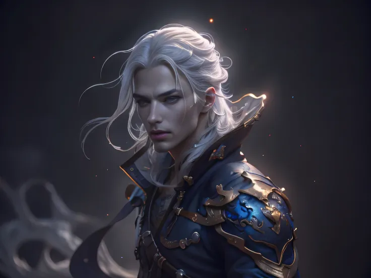 (Best Quality, 8K, Masterpiece, HDR, Soft Lighting, Picture Perfect, Realistic, Vivid), Male Humanoid Dragon (1.0), 1 Guy, Perfect Face, Super Detailed Photo of a Gorgeous Humanoid Dragon Man with Long White Hair, Side by Side lies a white dragon, Beautifu...