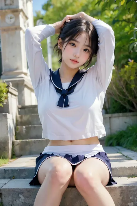 ((Highest quality, 8K, masterpiece :1.3)), 1 innocent girl:1.3, (short hair,Sailor suit,Beautiful breasts :1.3 Ultra mini skirt, Highly detailed face, Beautiful Eyes, double eyelid,Cute face,(Sitting on stone steps),(Realistic Face),(Realistic Skin),Smart ...