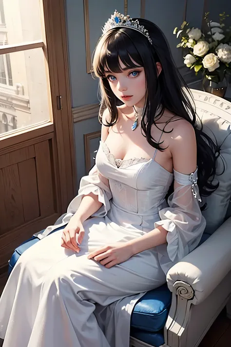 A beautiful young princess with black hair and blue eyes., she is wearing her beautiful long white dress