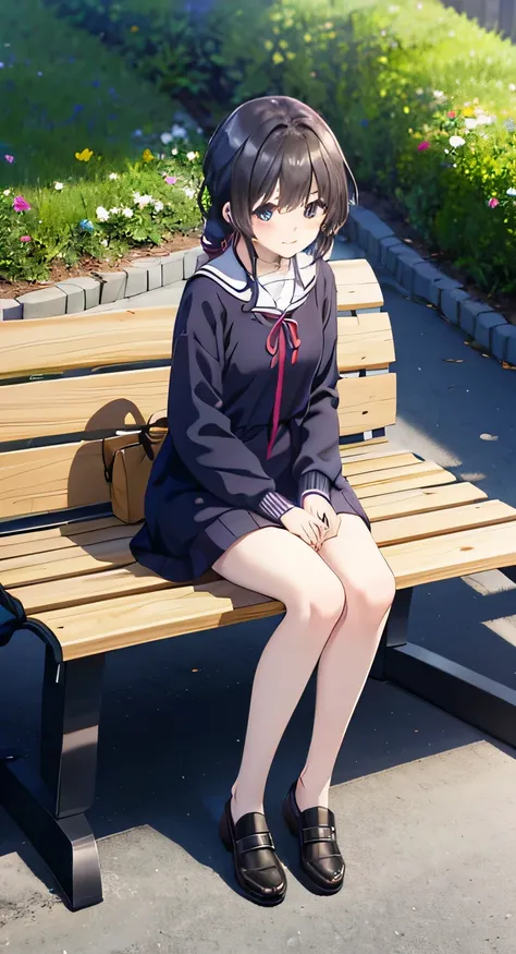 resolution, (Head to Toe full body), front, frontComposition from slightly below, Symmetric, Tall 18 year old girl, alone, (Head to Toe), (Small breasts), Black Hair, (), (Sit with your legs apart), (Crouching pose), ( (Sit on a bench with your legs spread...