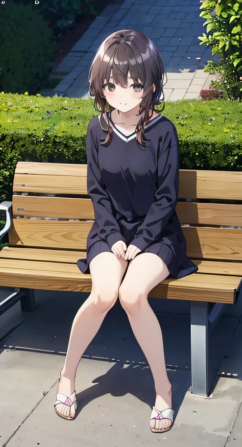 resolution, (Head to Toe full body), front, frontComposition from slightly below, Symmetric, Tall 18 year old girl, alone, (Head to Toe), (Small breasts), Black Hair, (), (Sit with your legs apart), (Crouching pose), ( (Sit on a bench with your legs spread...