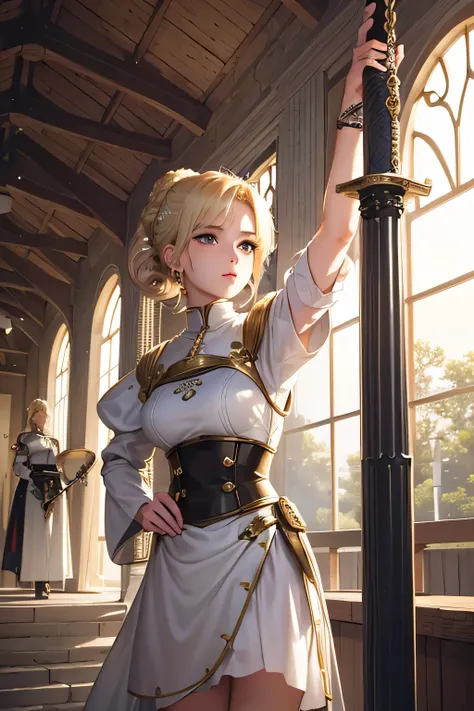 Beautiful 20 year old woman, (((blond updo))), holy knight, White Iron Armor、Swinging the Sword、battlefield