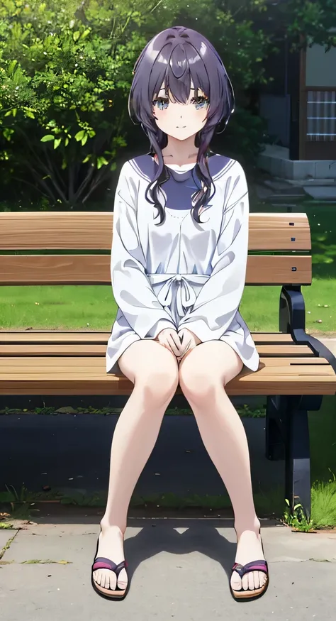 resolution, (Head to Toe full body), front, frontComposition from slightly below, Symmetric, Tall 18 year old girl, alone, (Head to Toe), (Small breasts), Black Hair, (), (Sit with your legs apart), (Crouching pose), ( (Sit on a bench with your legs spread...