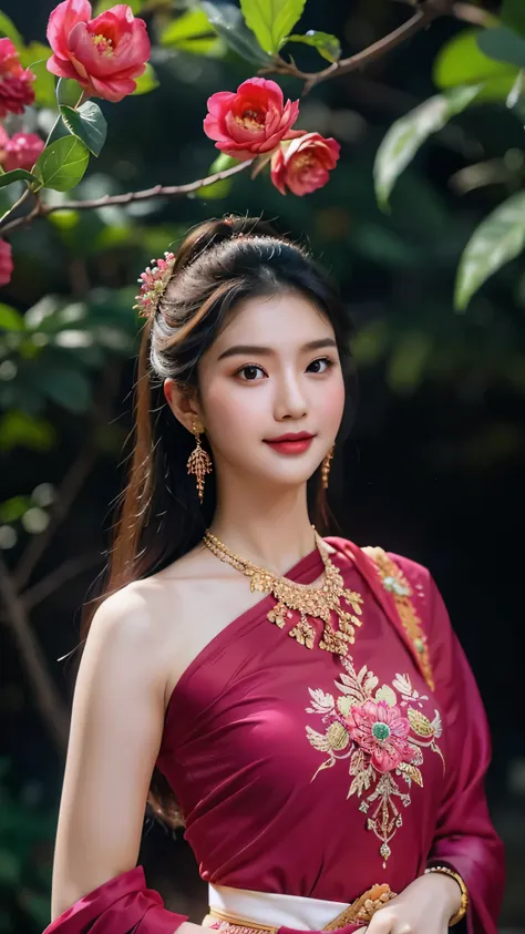 ((masterpiece)),upper body : lady nang kwak, thai girl in a traditional thai dress, magenta, with a fine pattern. ,beautiful smi...