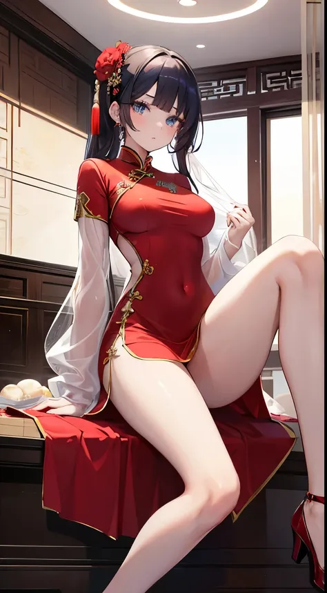 A girl，Wearing a long red cheongsam，Royal sisters，Around 18 years old，Blue eyes，Huge ，Tight，Face Optimization，Stand in the house，Open your thighs，Look at the face，transparent，Ball Head，Support chest with elbows，Chinese idol，Frontal shot，Wear cloth shoes，Na...