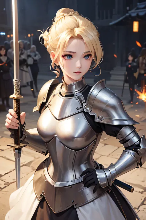 Beautiful 20 year old woman, (((blond updo))), holy knight, White Iron Armor、Swinging the Sword、battlefield