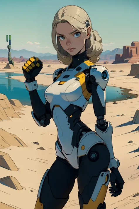 high qualiy, 4K, work of art, comely, cyborg Kizi, cowboy shot, dull eyes, gazing at viewer, hair long blonde, Kizi, breasts small, fine thighs, robotic arms, robotic body, cyborg body, yellow accent, intricate-detail, articulation, detailed lines, robotic...