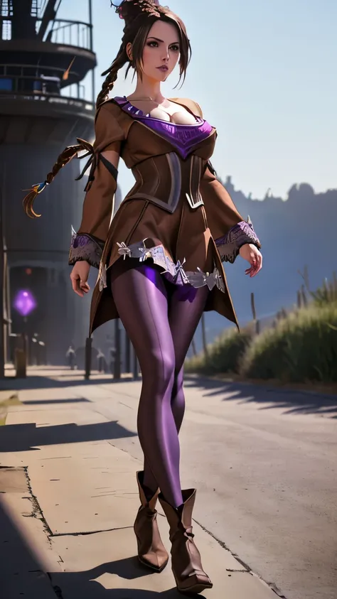 (Lulu), (Final Fantasy X), pale skin, (huge breasts:1.3), (brown silky pantyhose:1.4), (purple outfit:1.2), long straight black hair tied in a braided bun, walking towards the viewer, backdrop of a pirate ship, cinematic lighting, (emphasis on her legs and...