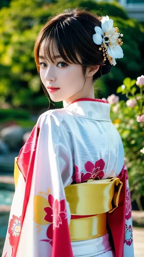 (((Carefully drawn with perfect anatomy))),Kimono photo shoot in the Japanese garden of a long-established luxury inn,The collar of the kimono is pulled back, revealing the white nape of the neck.,((艶やかな立ち姿を前から口角を上げて上品に微笑む所を広角レンズでkimonoのすそまで入れて4K全身撮影)),(((...