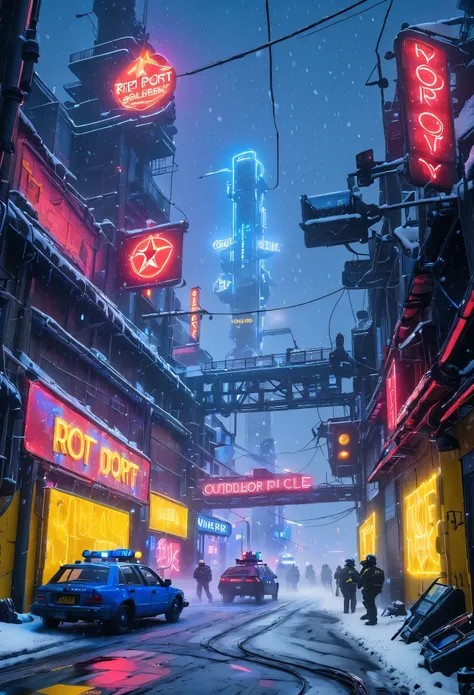 cybercity, (yellow:1.3)，(blue:1.3),（red:1.4）, neon lights, outdoors, road, snowing, sign, riot_police, (star_port:1.3)， criminal...