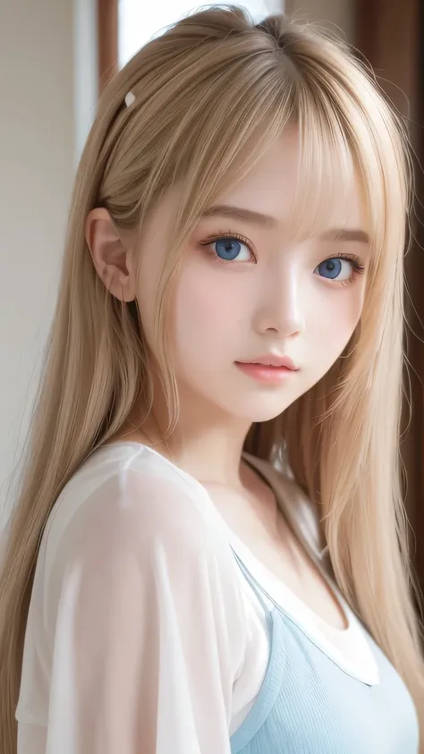 super long straight silky blonde hair、bangs hanging over the eyes、bangs on the face、a woman with beautiful, bright, large blue e...