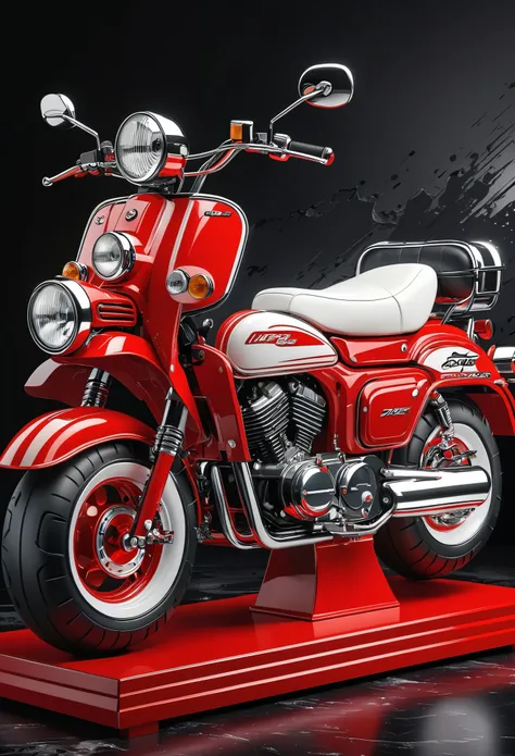 Cartoon style motorcycle booster. Red and white color matching creates a professional atmosphere..High-quality artworks created by master artists, best quality, Detailed Details,Black mineral background,Create a professional atmosphere,Professional displa...