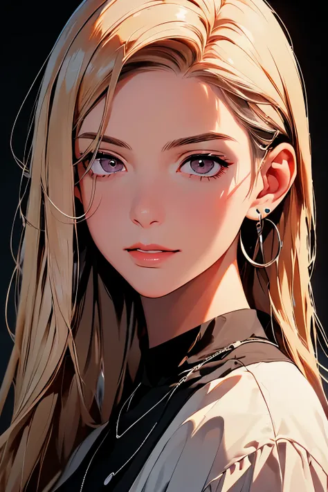 a_painting_portrait_of_bishamon_from_noragami_A girl with long wavy loiro hair , ((Uma garota)), (loiro) ,(trança de cabelo longo:1.3), purple eyes, um sorriso leve, rosto lindo , 18 anos , (figura esbelta , seios grandes) , cinto de corrente, saia lápis d...