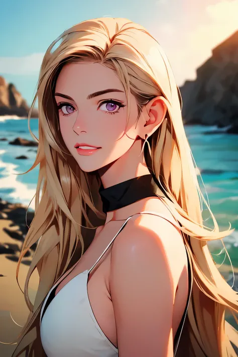 bishamon from noragami, ((garota de anime sentada com a praia ao fundo)), a garota do anime está agachada, com cabelo loiro, perfect cabelos dourados girl, o anime em destaque de hoje ainda, cabelos loiros, cabelos dourados compridos, cabelos esvoaçantes, ...