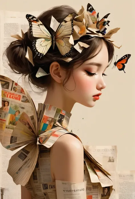 side view girl, solitary, wearing a magazine cover dress, delicate facial features and long eyelashes, a butterfly landed on her...