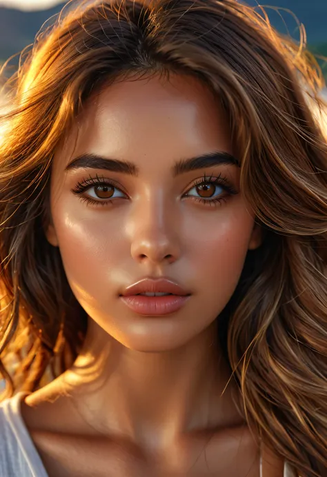 (perfect details), (extremely fine and beautiful:1.1), beautiful face, beautiful light brown eyes, (detailed face, detailed eyes:1.2), realistic skin textures, detailed pouty lips, tan skin, shiny brown hair, (add layer:1.2), dynamic angle, scenery MM, dra...