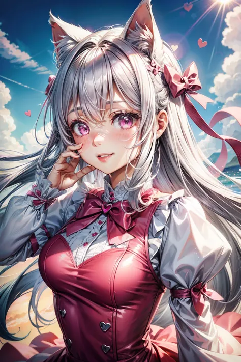 Silver hair, pink eyes, woman, sun and cloud background, red pink clothes, hair bows, happy face, dress outfit, sexy, cat ears, hearts, floating hearts, face, pretty dress