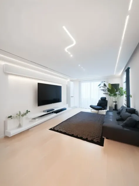 View of the living room with a large flat-screen TV, Minimalist interior design, Modern and simple, Modern and simple, Simple and beautiful, Modern and simple设计, 8k wide angle lens, 4K ], Modern and simple f 2 0 clean, 4K], Modern and simple f 2 0, 8K matt...