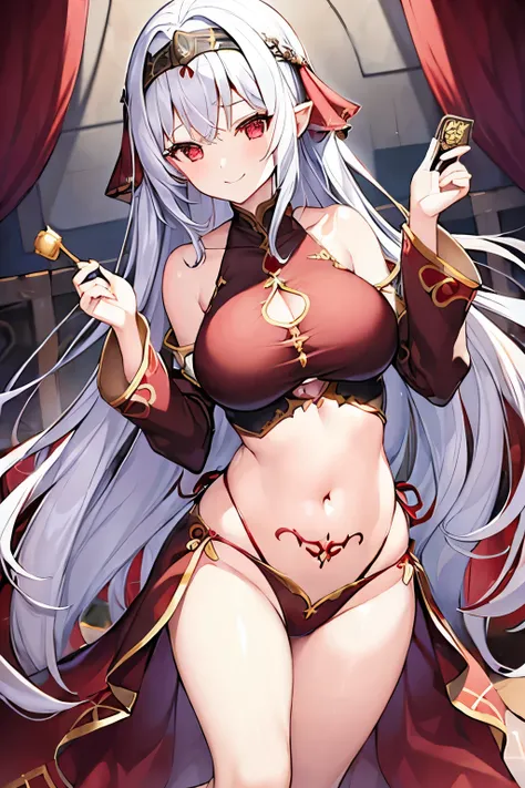 1 girl、Long silver hair、Headband、Red Eyes、((Red and black clotheedieval European fantasy))、Charm、Bigger breasts、Expose、Fan、smile、胸のExpose、Belly button、Shoulder Bare