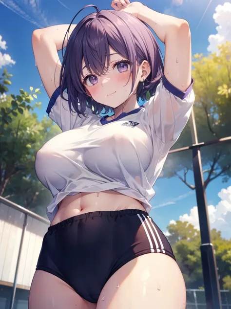 ((Highest quality, High resolution,  Perfect Pixel,  4K)),  (Beautiful Anime Girls), Depth of written boundary、
looking at viewer, 

(Big Breasts:1.5)、 
short hair, Purple Hair、Baby Face、Detailed eyes、Round face、he is short、
 
BK2S、
taisoufukuN, gym unifor...