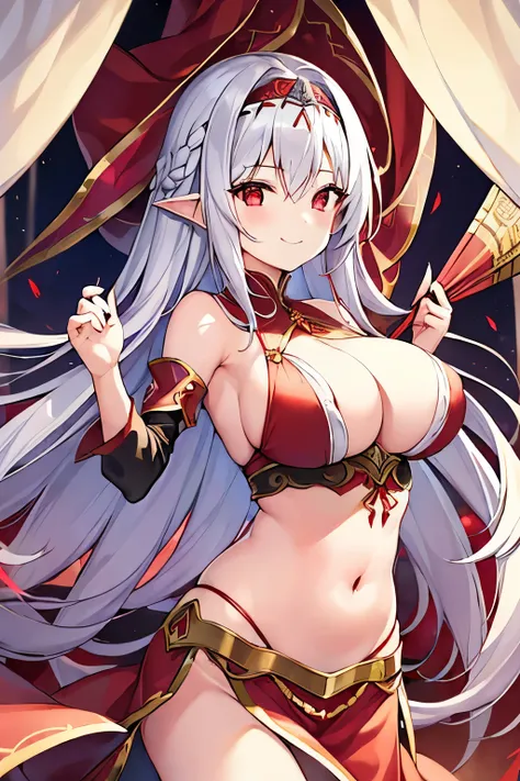 1 girl、Long silver hair、Headband、Red Eyes、((Red and black clotheedieval European fantasy))、Charm、Bigger breasts、Expose、Fan、smile、胸のExpose、Belly button、Shoulder Bare、Dancer