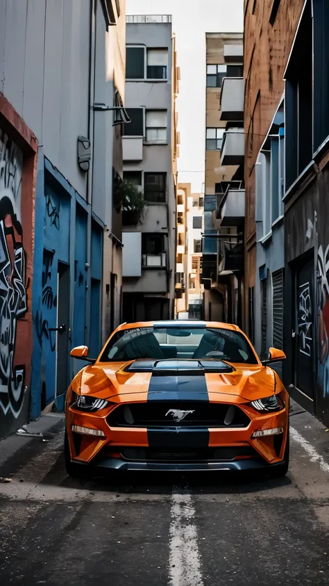 The Mustang GT parked in an alleyway, surrounded by graffiti-covered walls, with soft, ambient lighting highlighting its aggressive stance.

