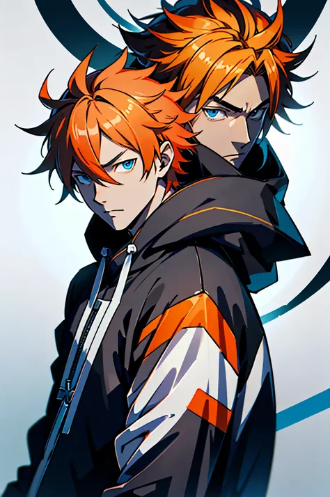 (Best Quality:0.8), (Best Quality:0.8), perfect anime illustration, anime boy in black hoodie with orange hair and blue eyes, a character portrait inspired by Sakai Hōitsu, trend on pixiv, what is?, handsome boy in Demon Slayer art, anime key art, Romantic...