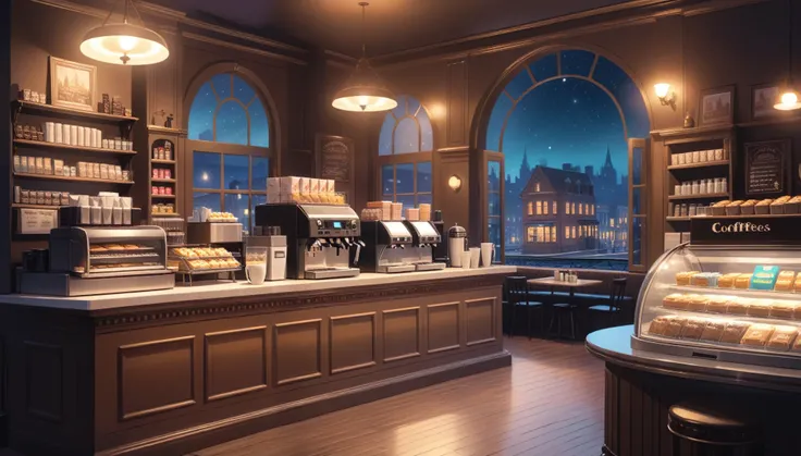 a victorian cozy night time at a coffe interior with cozy lighting and sweets in the shelves. There are coffee cups in the tables. a cash machine and a coffee maker machine in the counter,There is a big window in the middle of the coffeeshop and the outsid...