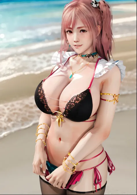 Honoka, Pink bikini ，Super short pleated skirt, bracelet，ring, university student，Pink Hair，Huge breasts，Cleavage，Low-cut，miniskirt，pantyhose，cute，necklace，earrings，beach，Sea，Lace，shy