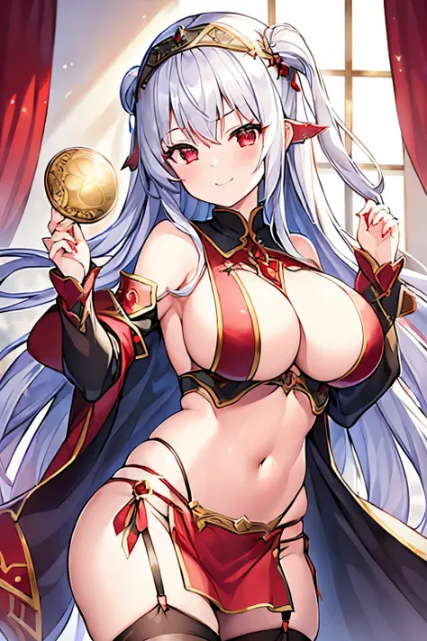 1 girl、Long silver hair、Headband、Red Eyes、((Red and black clotheedieval European fantasy))、Charm、Bigger breasts、Expose、Fan、smile、胸のExpose、Belly button、Shoulder Bare、Dancer、garter belt、tights、(((goddess)))