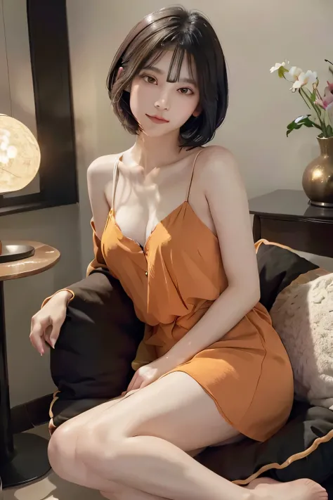 Masterpiece, (top quality), super high resolution, beautiful, visually stunning, elegant, stunning detail, award-winning art, G0S1, mysterious, woman relaxing in room, short cut, black hair, beautiful, 20 years old, orange clothing, full body, sitting on c...