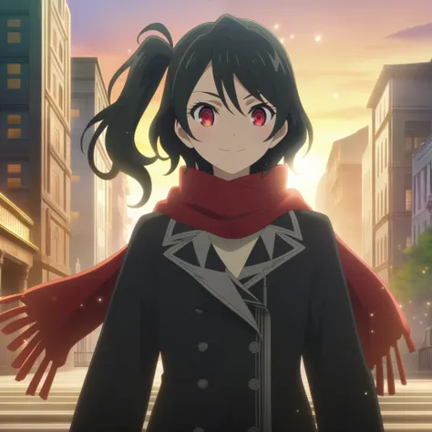 1girl, Michiko Malandro, , HD Michiko & Hatchin screencap, high definition, lighting, attractive, moist skin, mappa studios, ringed eyes, anime cg, official art, standing, smile, black coat, red scarf, black hair, side ponytail, red eyes, (very aesthetic, ...