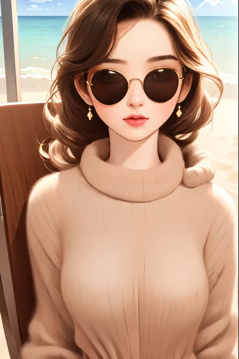 primer plano, imagen hiper nítida, enfoque perfecto, ((a beautiful young woman wearing sunglasses:1.5)), sitting on a beach chair, holding a drink, caribbean paradise beaches, heat, 1girl, detailed facial features, realistic, photorealistic, hyper detailed...