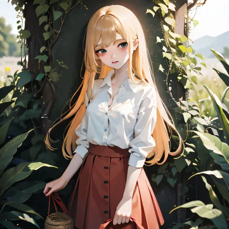 masterpiece, Highest quality, 8k wallpaper, Very detailed, A girl about 12 years old, (Golden Hair:1.1), Long Hair, fine grain、(Red Skirt)、 White dress shirt,(A single large red flower hair ornament:1.1)，Light blue eyes、Dark Taste、Tired look、desert、Standin...