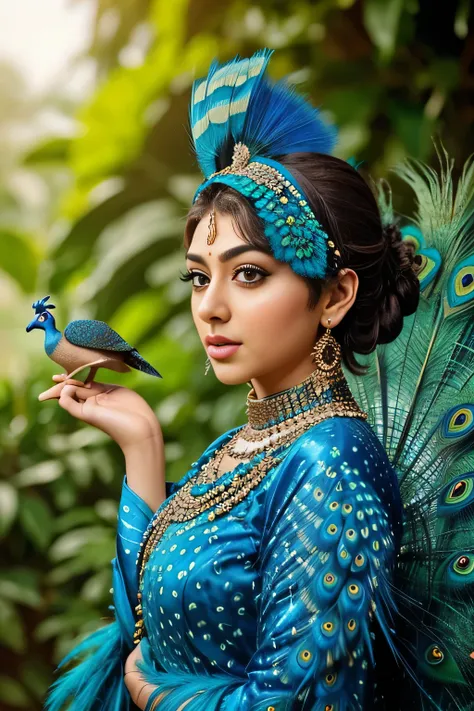 Hansika Motwani is a peafowl, she is real peafowl Bird. Mutant peafowl. peafowl transformation. peafowl body with  female head. She is a bird. Real bird. Head with bird body. Create this beautiful creature.