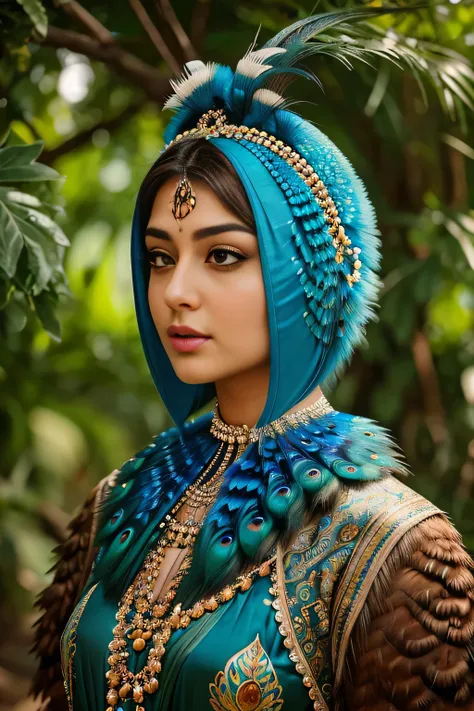 Hansika Motwani is a peafowl, she is real peafowl Bird. Mutant peafowl. peafowl transformation. peafowl body with  female head. She is a bird. Real bird. Head with bird body. Create this beautiful creature. Real face. realistic head replace with peafowl he...